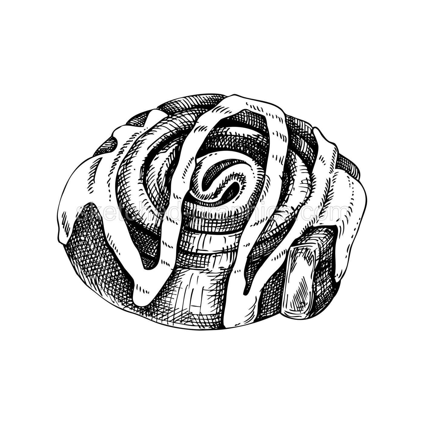 Cinnamon roll sketch. Hand-drawn vector illustration. Fast food, bakery design element. European Christmas market food. Traditional pastry with sugar, cream and chocolate drawing Illustration